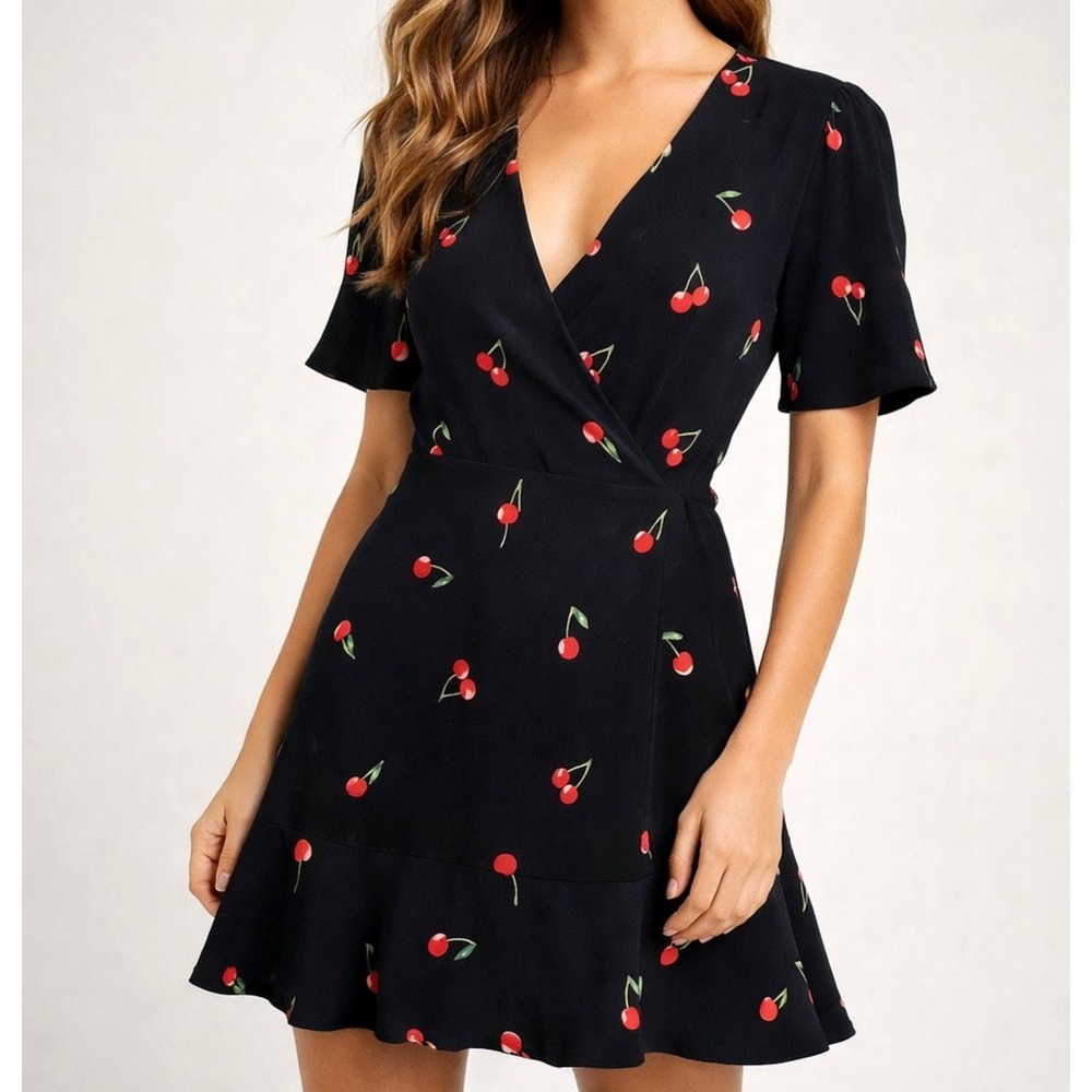 Rails Aimee Wrap Style Cerise Cherry Dress Black Red Womens XS Flirty Mini